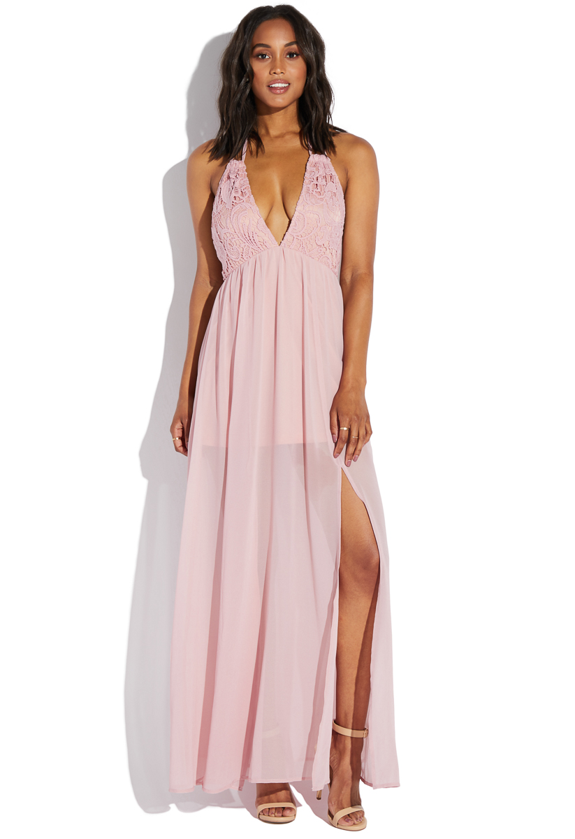 Shoedazzle Maxi Halter Maxi With Floral Applique Womens Mauve Size S