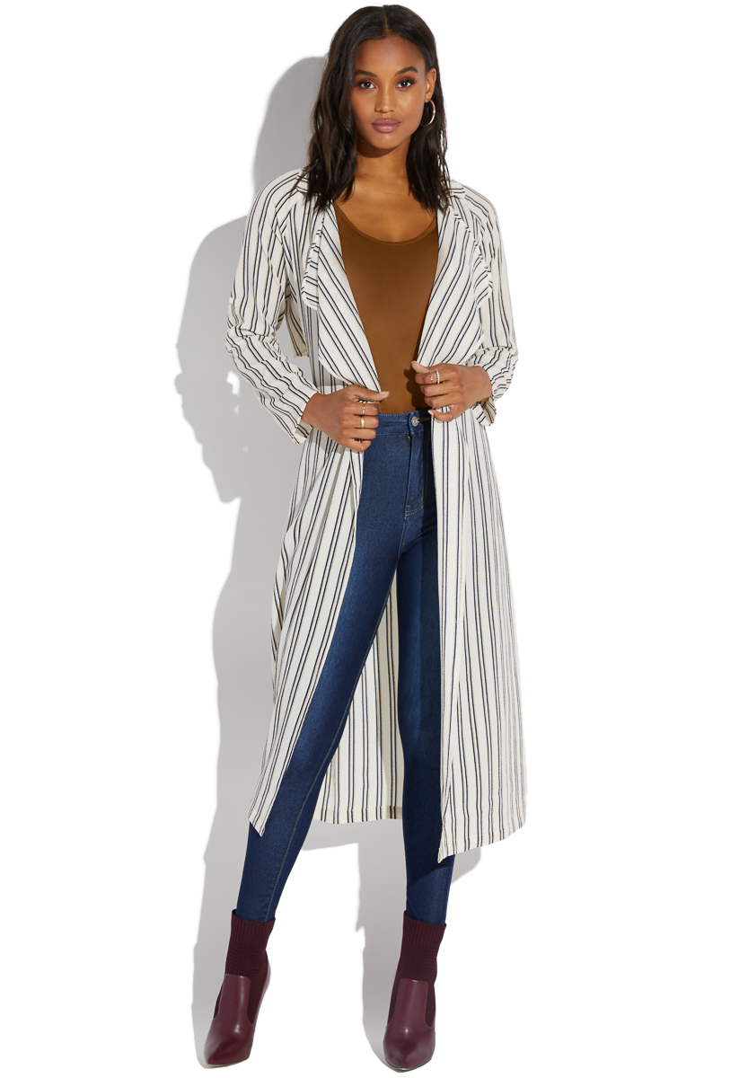 Shoedazzle Trench Striped Duster Jacket Womens Ivory Multi Size M