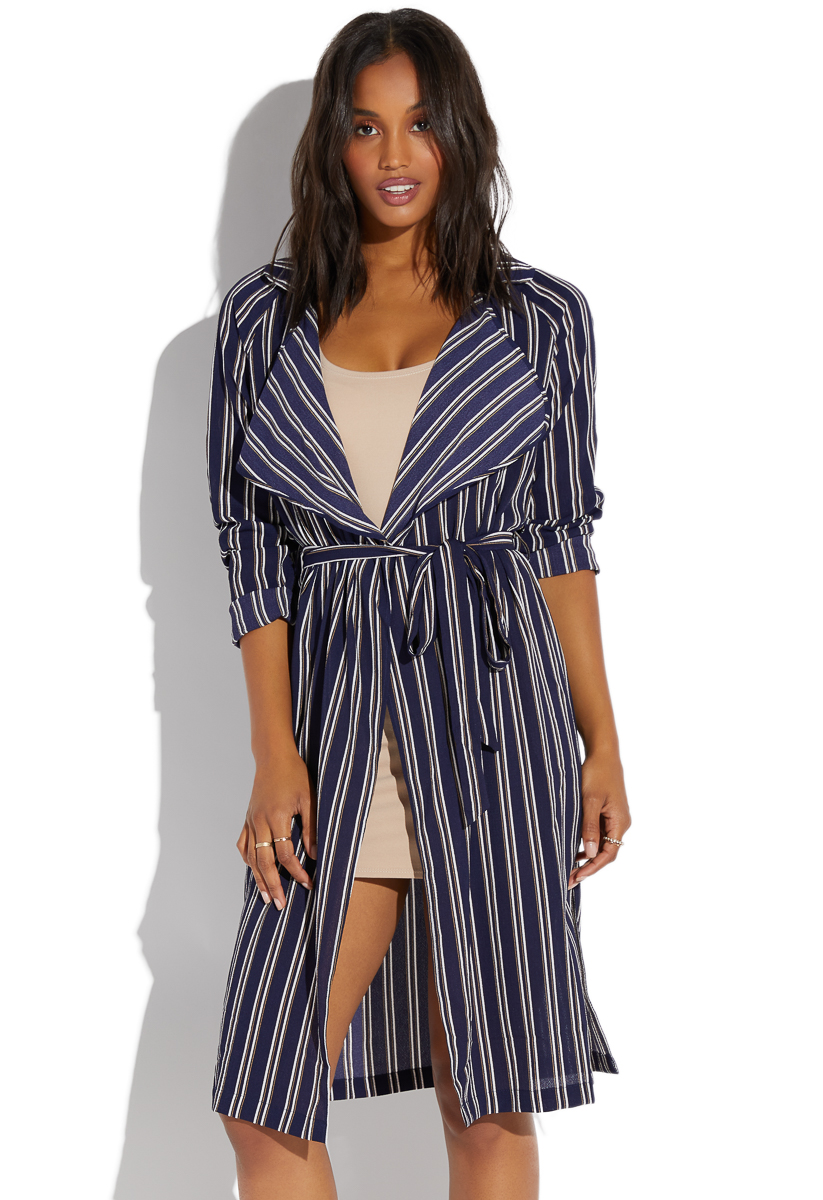Shoedazzle Trench Striped Duster Jacket Womens Navy Size L