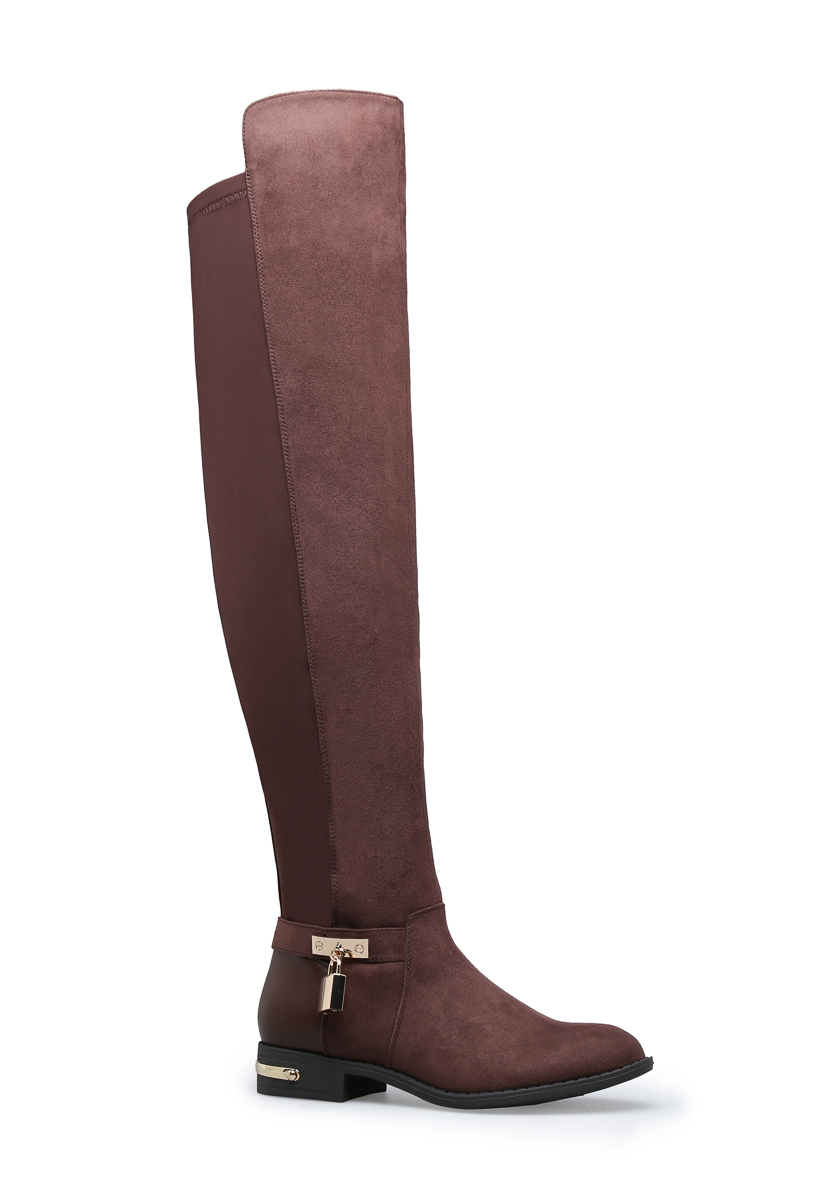 Shoedazzle Boots - Over The Knee Lilou Mixed Material Boot Womens Brown Size Wide Calf