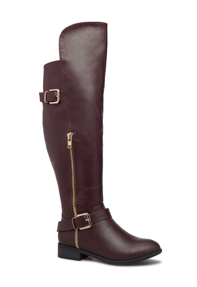 Shoedazzle Boots - Over The Knee Amar Buckled Flat Boot Womens Red Size Wide Calf