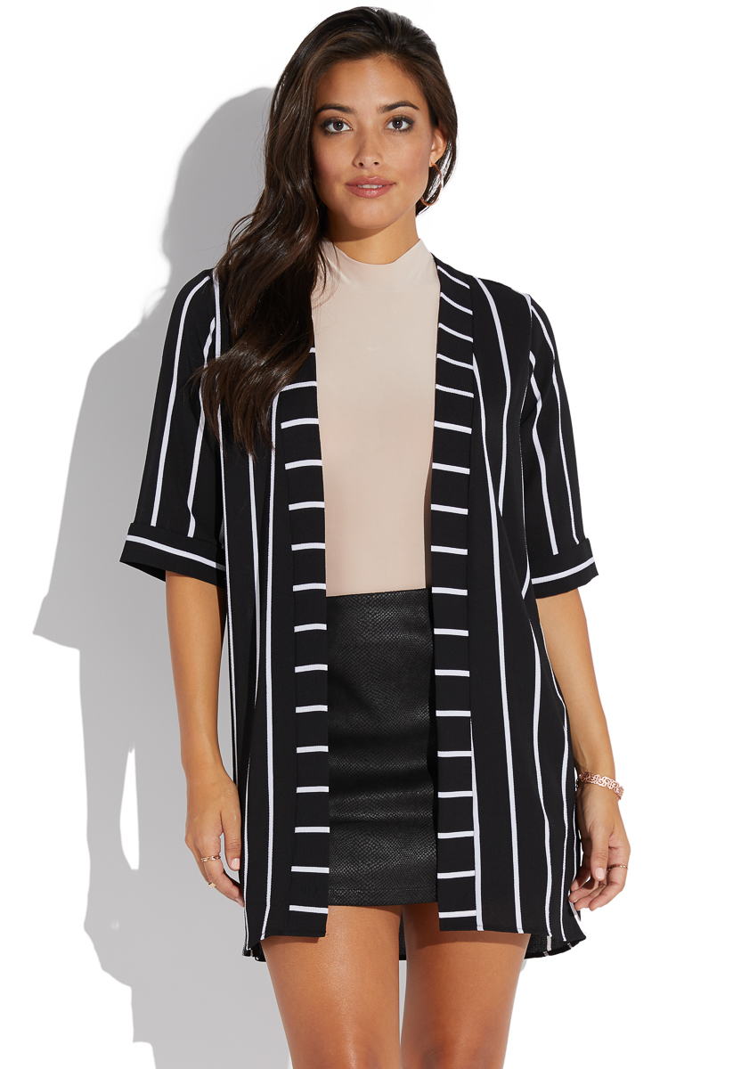 Shoedazzle Drape Front Striped Duster Jacket Womens Black/White Size S