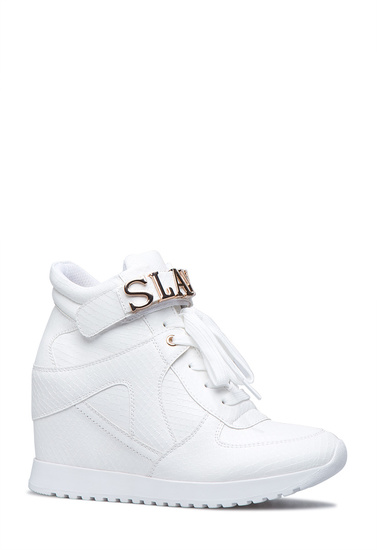 Katerina Embellished Wedge Sneaker Shoedazzle Color White Outside Wedge Height 0 75 Fit True To Size Closure Adjule Front Laces Functional Side Zip And Velcro Strap Inside Heel