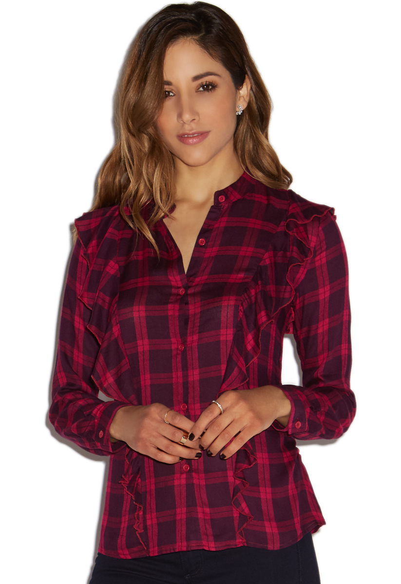 RUFFLE PLAID BLOUSE - ShoeDazzle