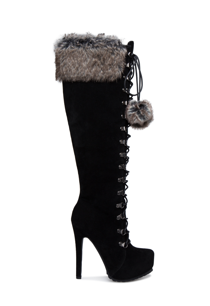 faux fur pom pom boots