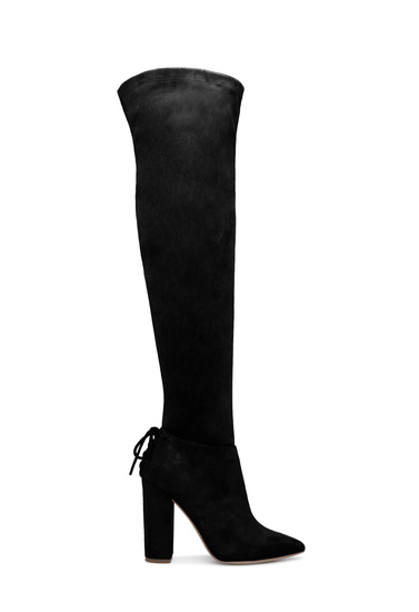 CRISTAL THIGH HIGH STRETCH HEELED BOOT - ShoeDazzle