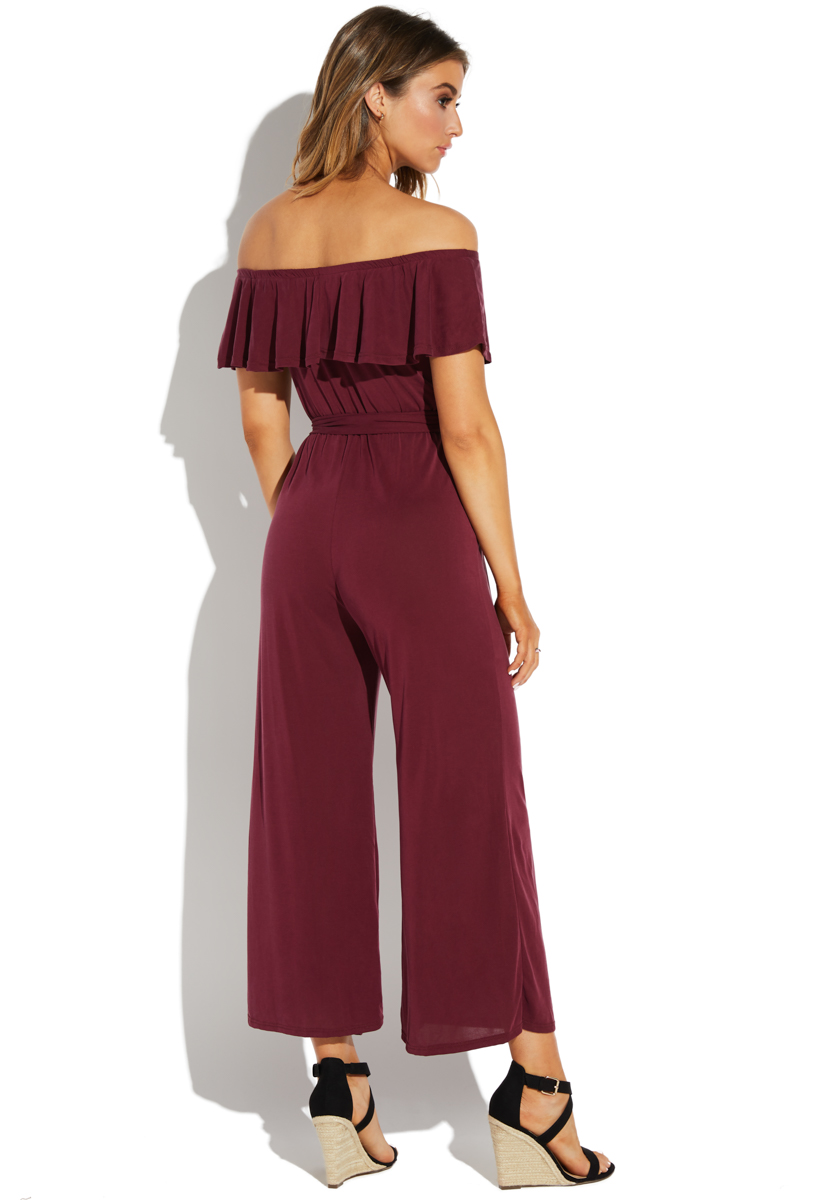 off the shoulder ruffle jumpsuit