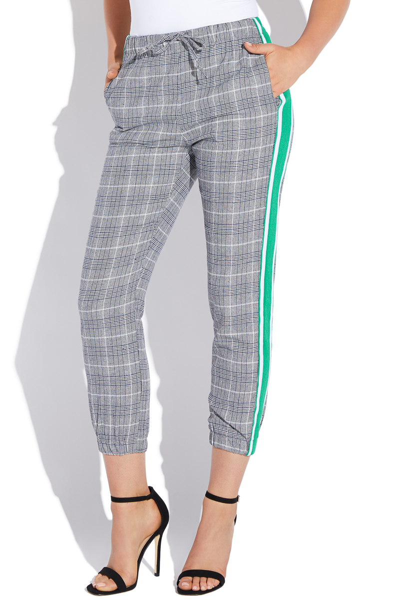 plaid pants with stripe down side