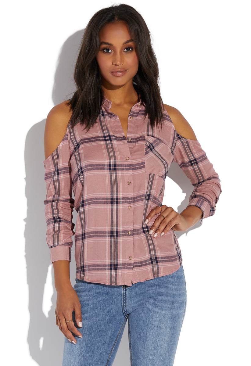 cold shoulder plaid top