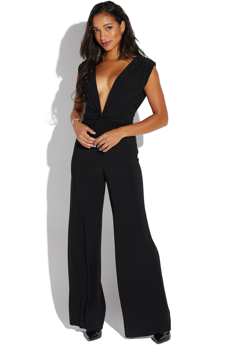 ASOS DESIGN deep v jumpsuit with puff sleeve in black | ASOS