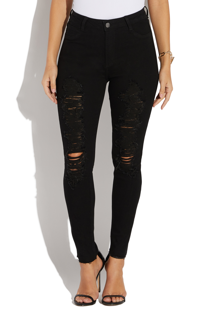 high waisted distressed black skinny jeans