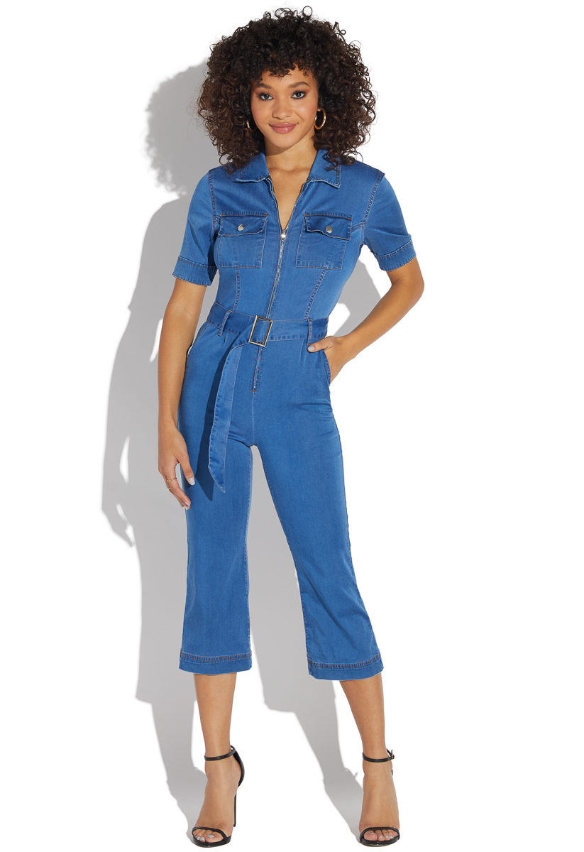 belted denim jumpsuit