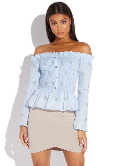 smocked off the shoulder peplum top