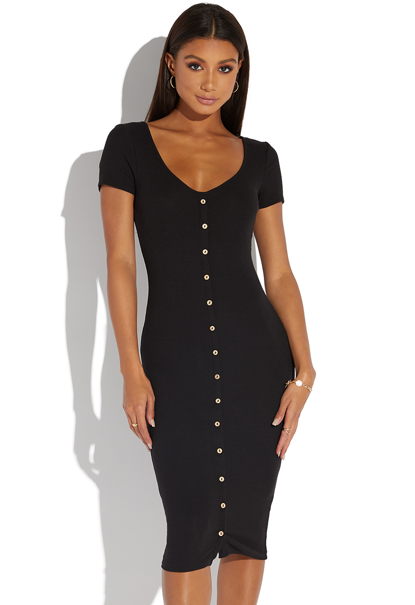 BUTTON FRONT RIBBED MIDI DRESS - ShoeDazzle