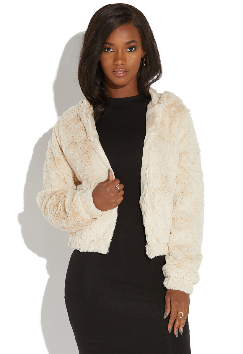 faux fur hooded bomber