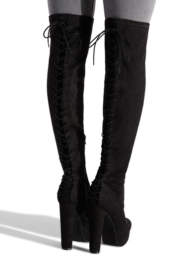 lace up detail block thigh high heeled boots
