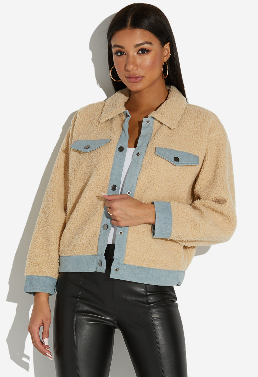 sherpa jacket with denim trim