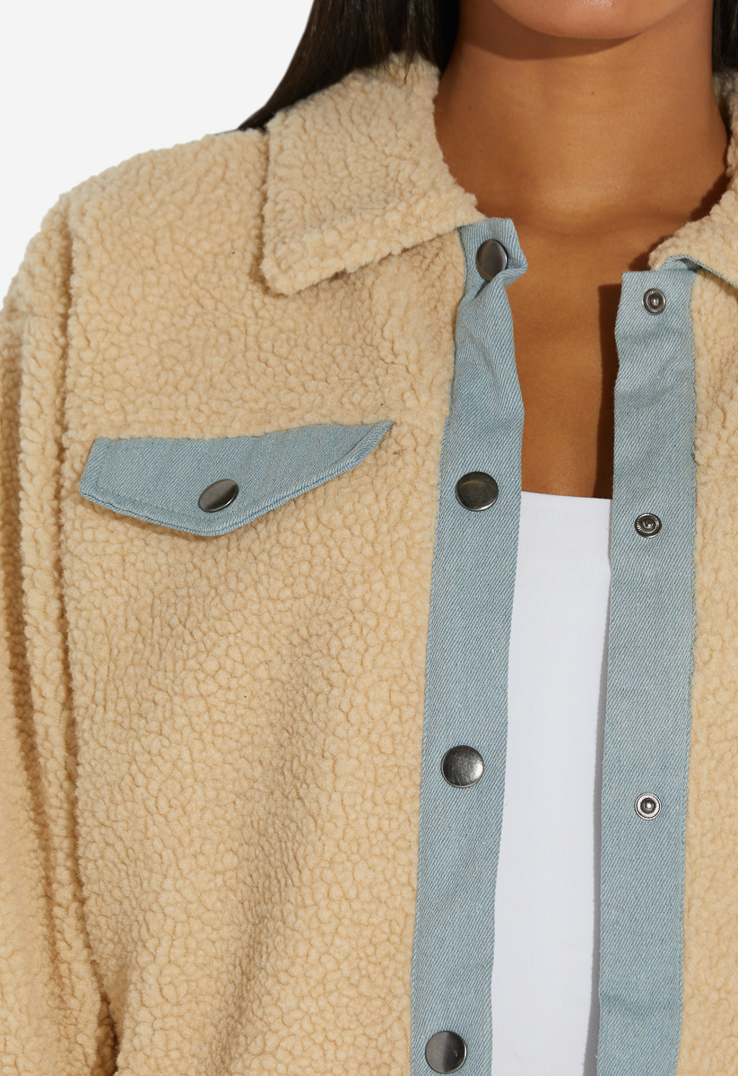 sherpa jacket with denim trim