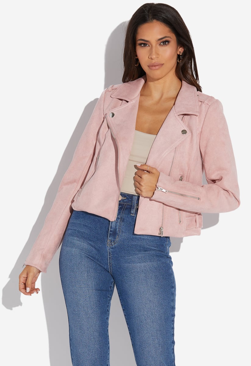 light pink faux suede biker jacket