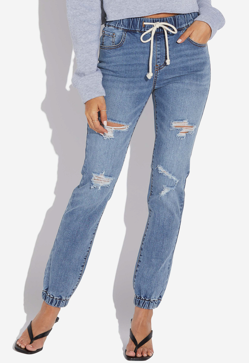 high waisted denim joggers womens