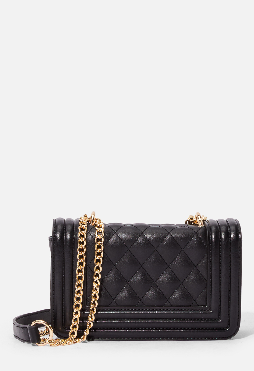 black quilted crossbody bag with chain