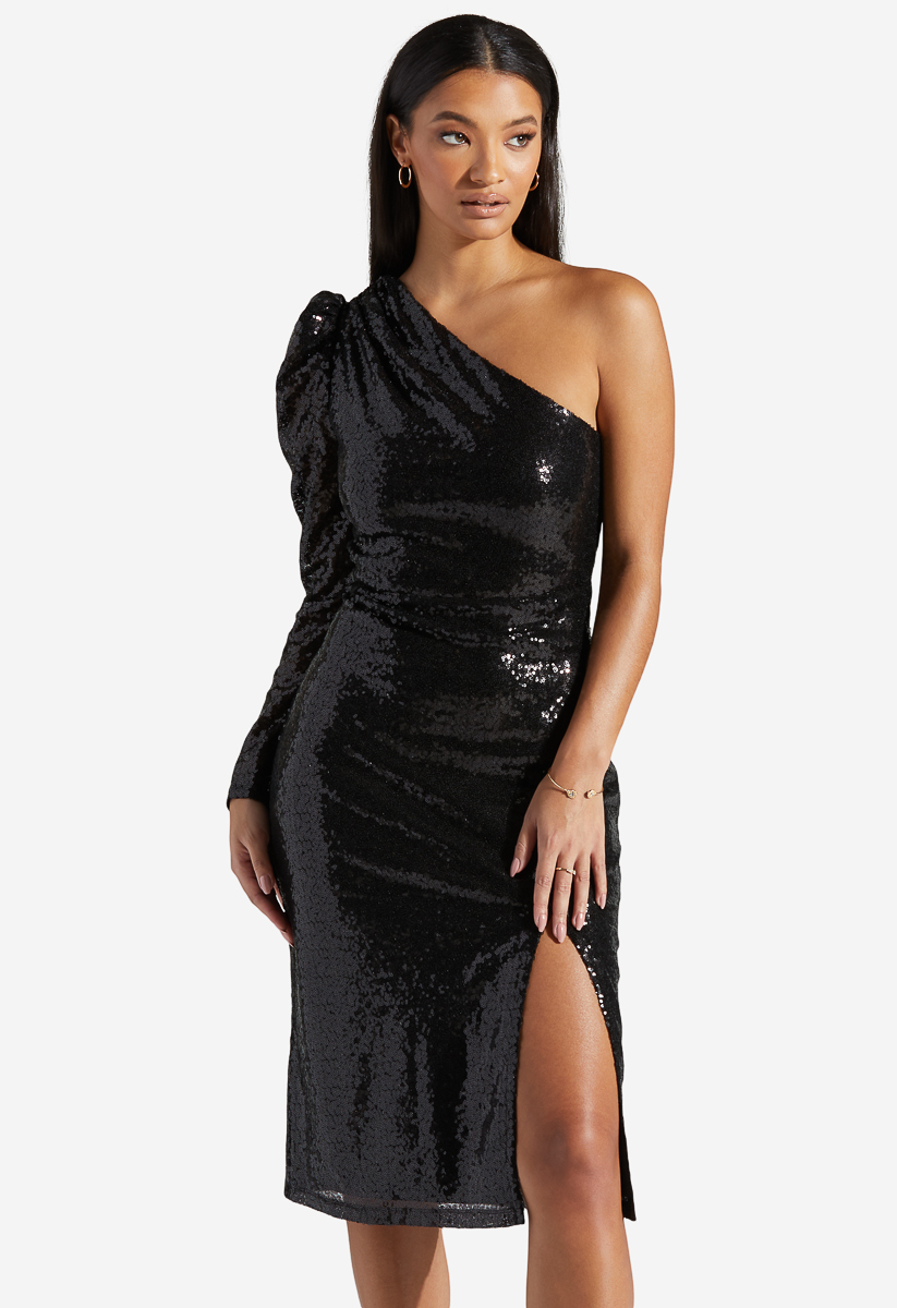 black one shoulder sequin dress