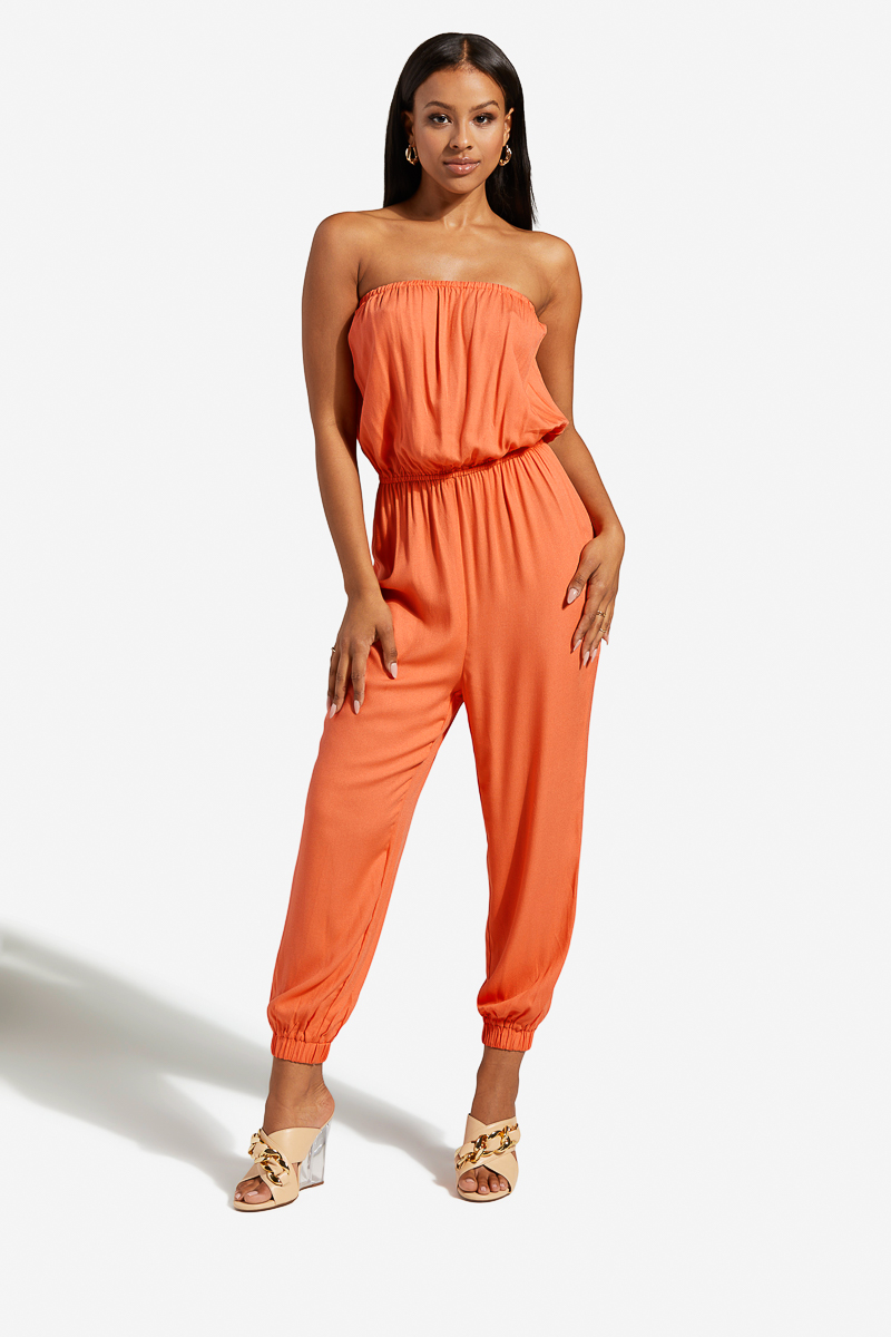 orange strapless jumpsuit