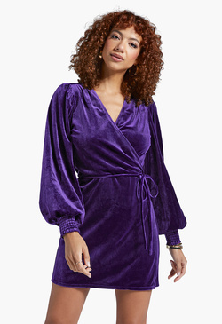 Puff Sleeve Velvet Wrap Dress